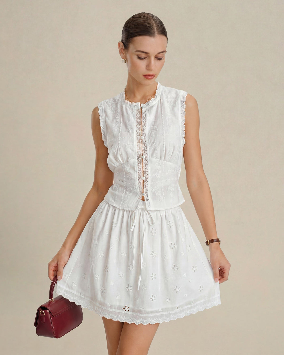 White Embroidery Lace Button Tank Top