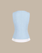 Blue V Neck Textured Single Breasted Vest
