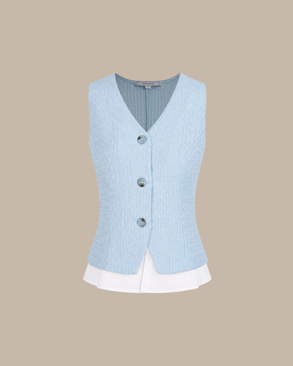 Blue V Neck Textured Single Breasted Vest