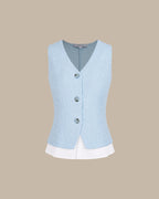 Blue V Neck Textured Single Breasted Vest