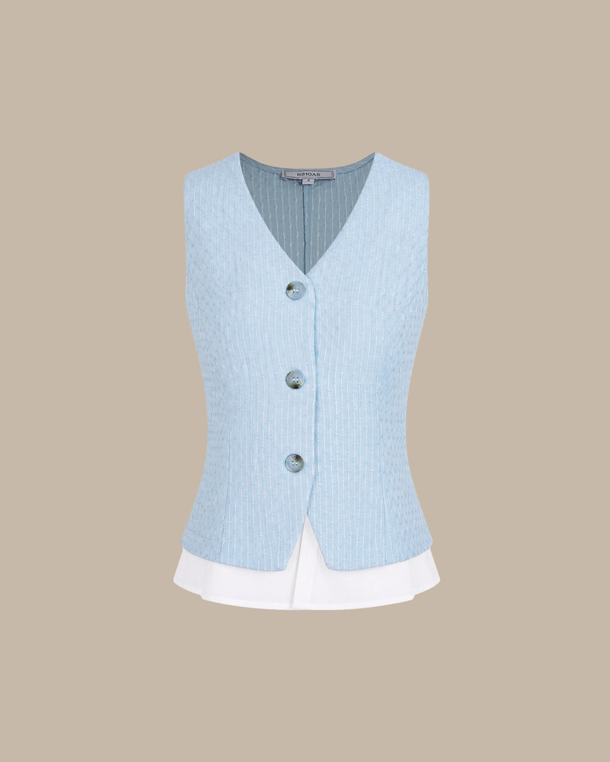 Blue V Neck Textured Single Breasted Vest