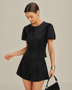 Black Puffed Sleeve Satin Blouse