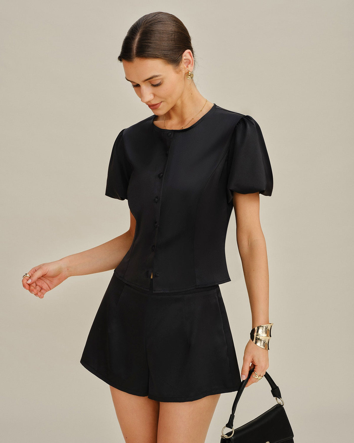 Black Puffed Sleeve Satin Blouse