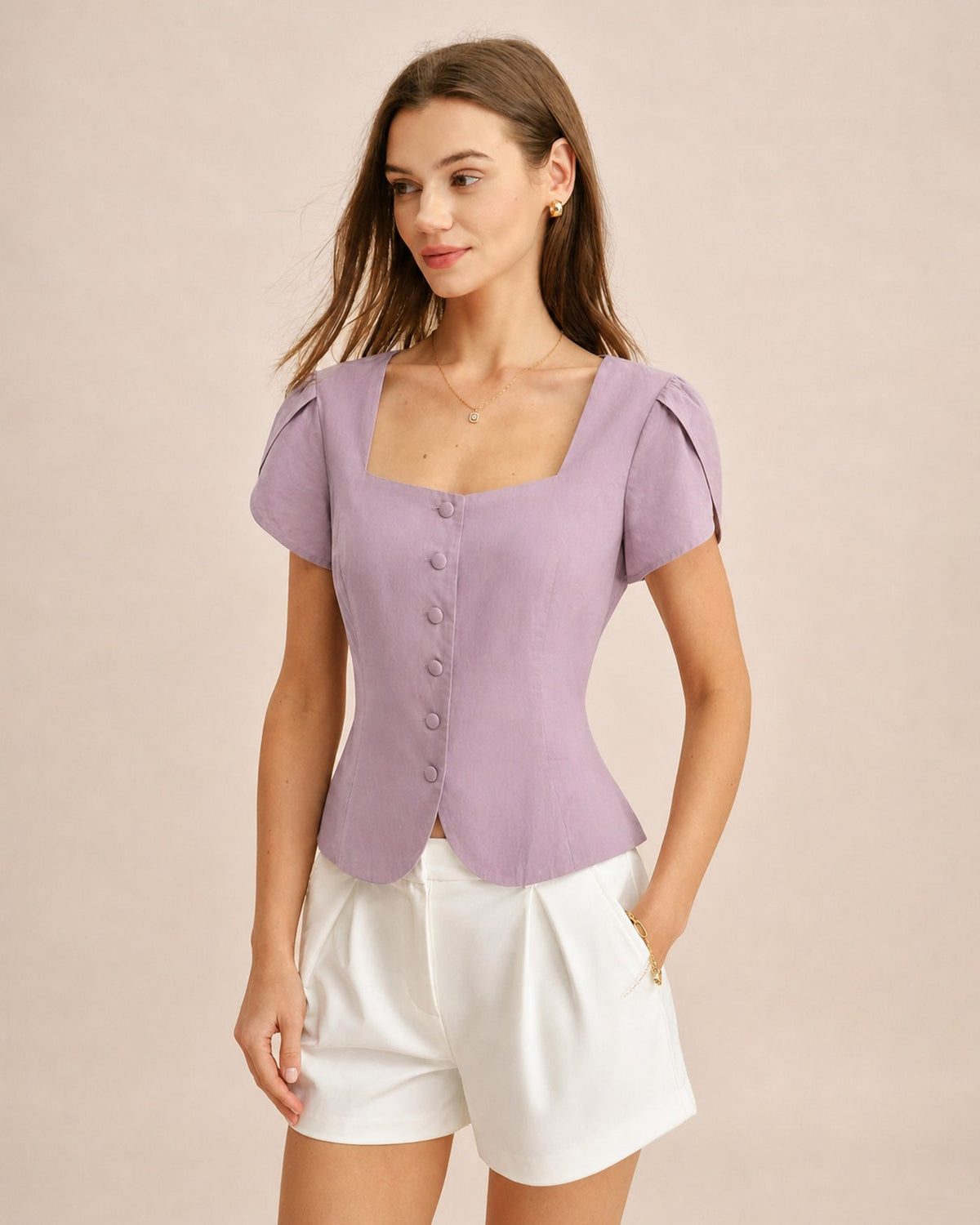 Purple Square Neck Petal Sleeve Blouse