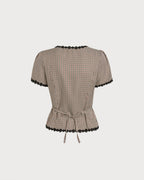 Coffee Square Neck Plaid Blouse