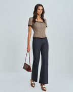 Coffee Square Neck Plaid Blouse