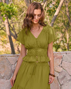 Green V Neck Ruched Blouse