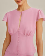 Pink Cut Out Button Chiffon Blouse