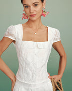White Square Neck Jacquard Blouse