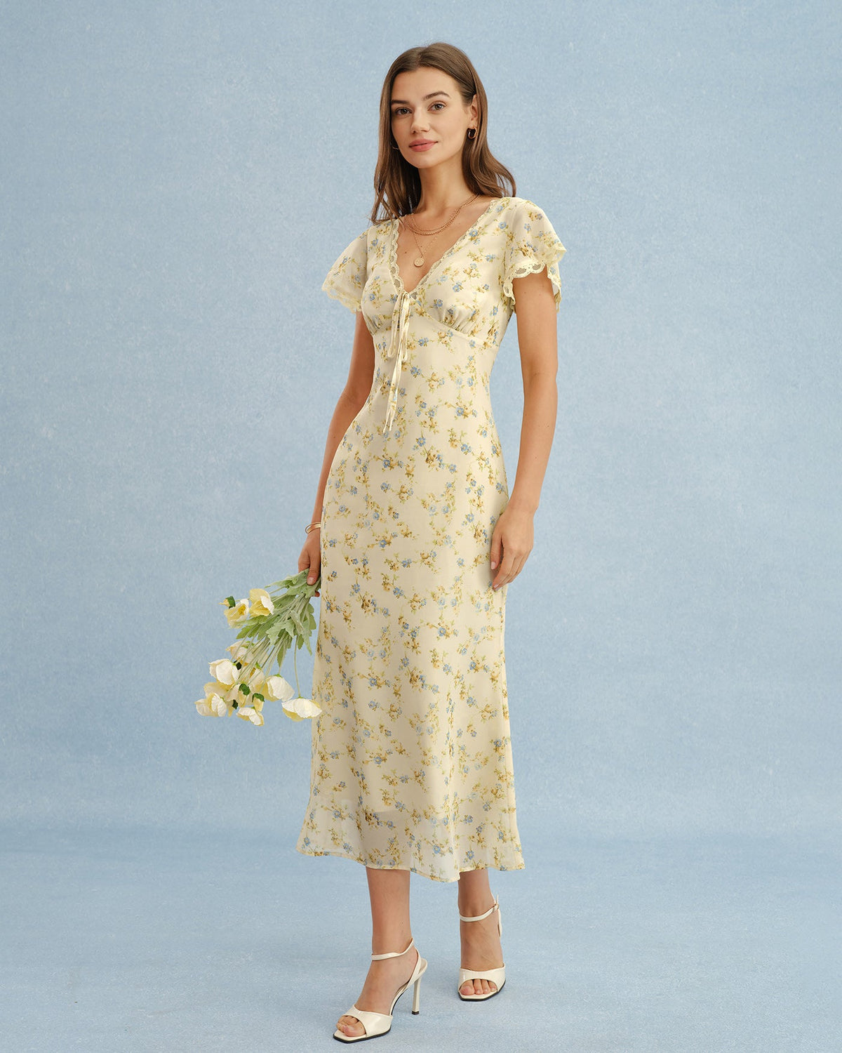 Yellow V Neck Lace Floral Maxi Dress
