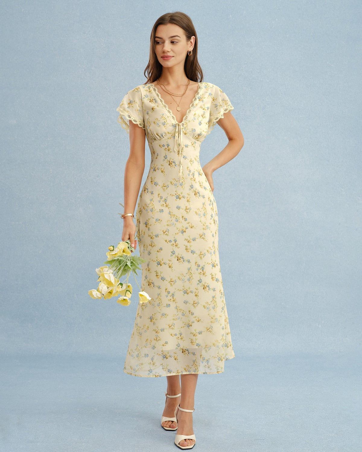 Yellow V Neck Lace Floral Maxi Dress