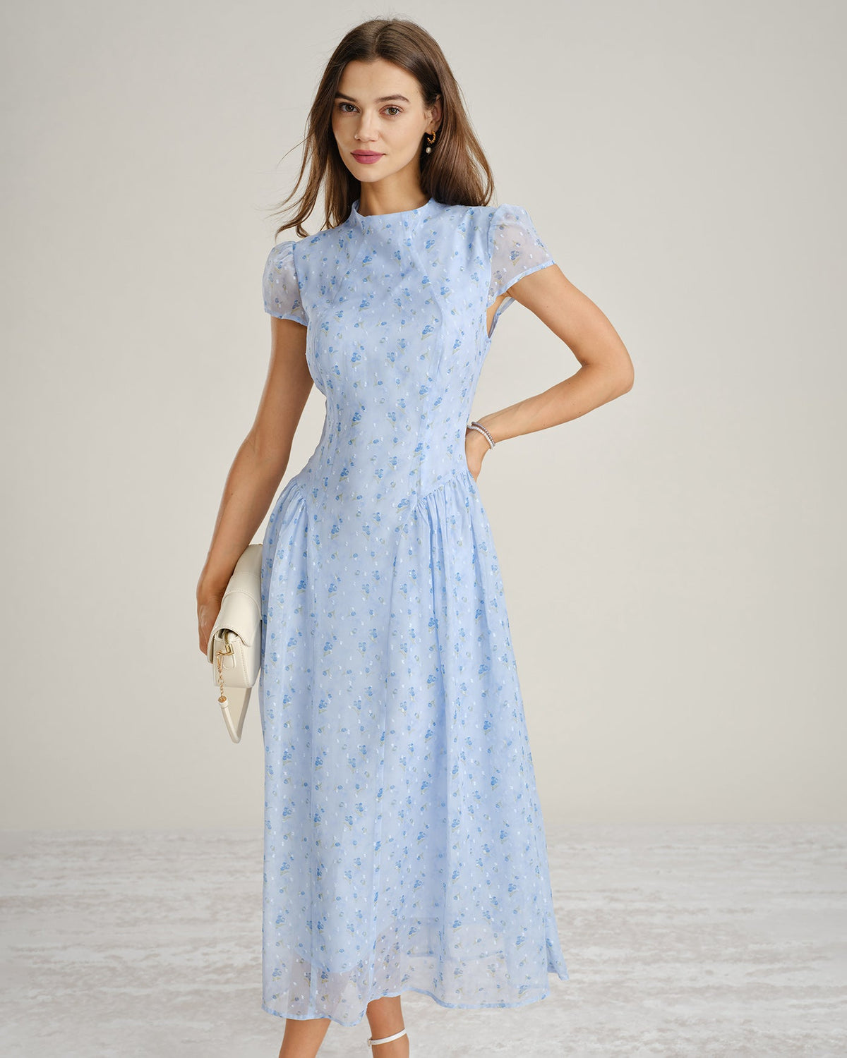 Blue Mock Neck Floral Chiffon Maxi Dress