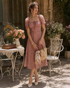 Pink Square Neck Floral Chiffon Midi Dress