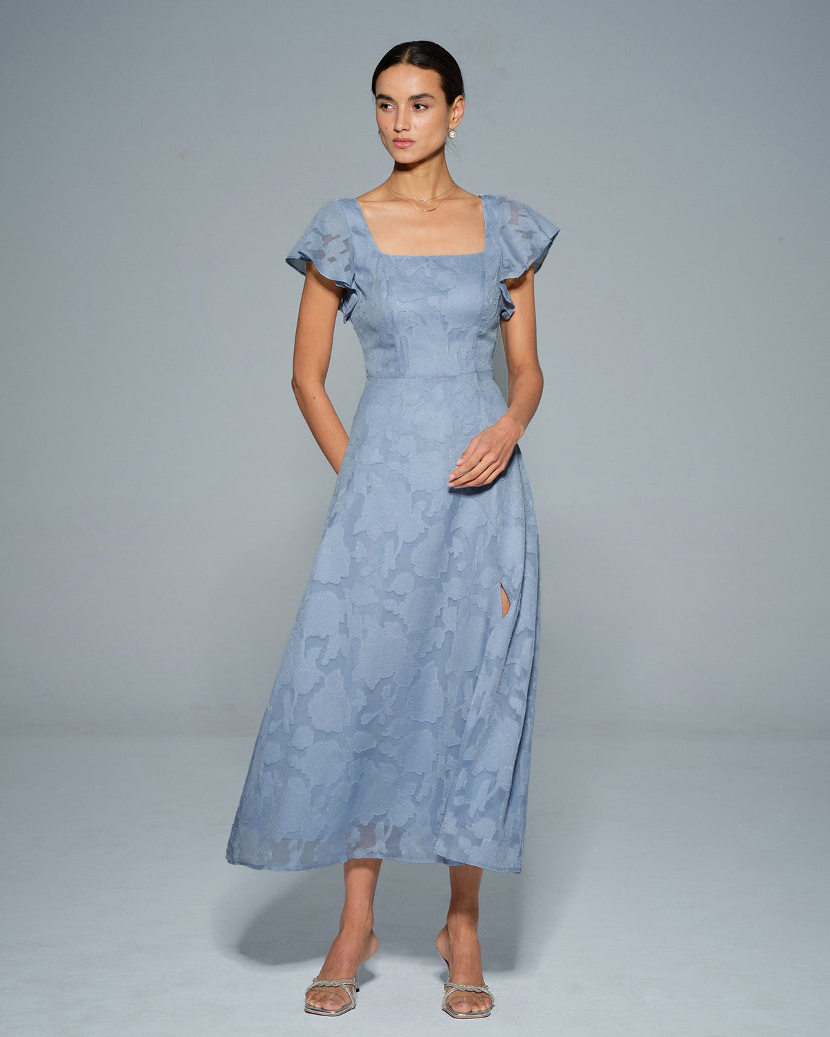 Blue Floral Square Neck Midi Dress