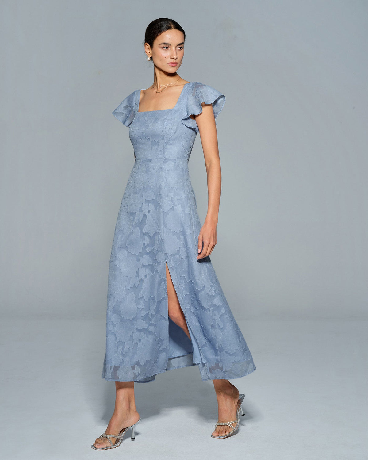 Blue Floral Square Neck Midi Dress