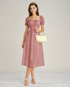 Pink Square Neck Floral Chiffon Midi Dress