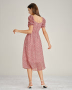 Pink Square Neck Floral Chiffon Midi Dress