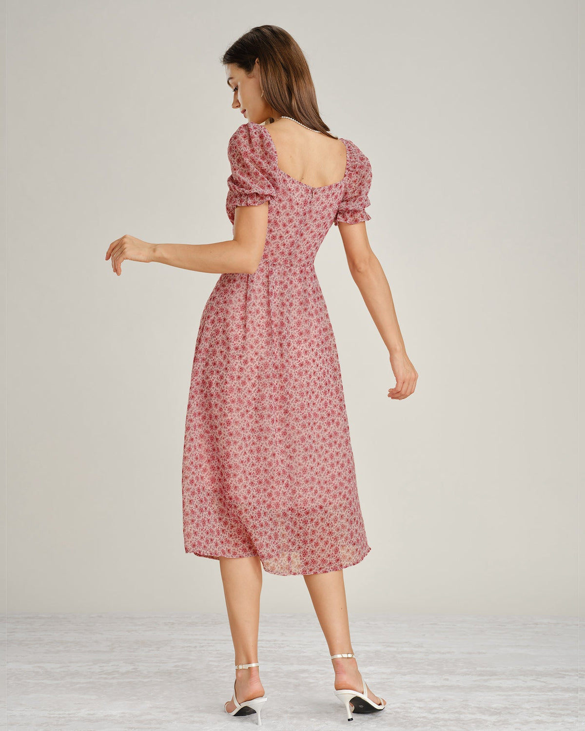 Pink Square Neck Floral Chiffon Midi Dress