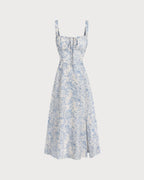 Blue Floral Ruched Slip Midi Dress