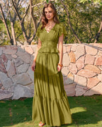 Green Elastic Waist Chiffon Maxi Skirt