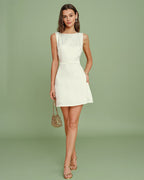 Apricot Boat Neck Pearl Mini Dress