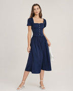Blue Square Neck Polka Dot Blouse
