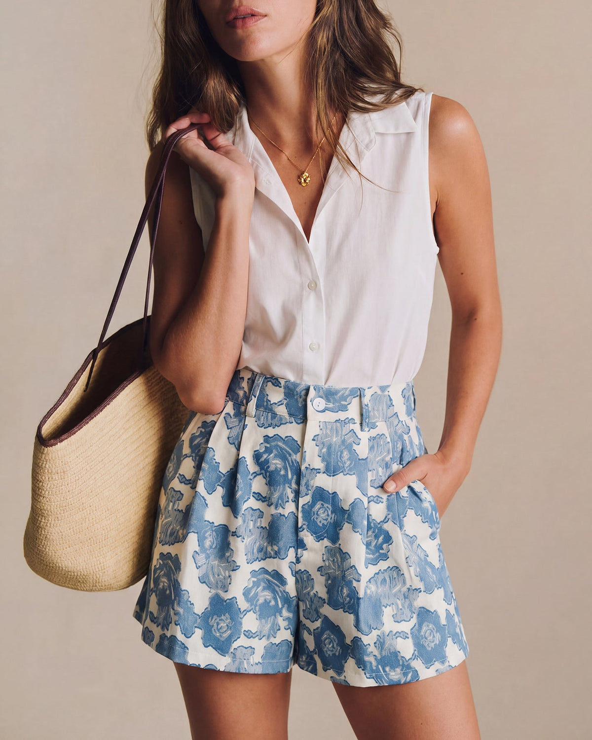 Blue Floral Button Pockets Shorts