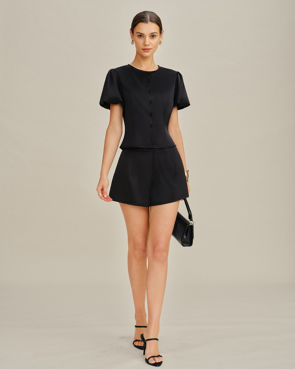 Black Natural Waisted Satin Shorts