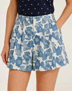 Blue Floral Button Pockets Shorts
