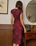 Wine Red Floral Mermaid Midi Skirt