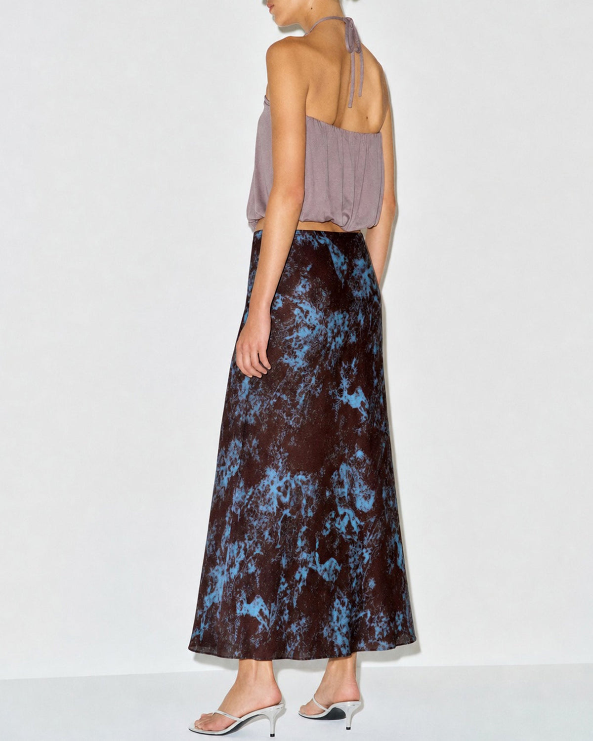 Coffee Elastic Waist Floral Midi Skirt