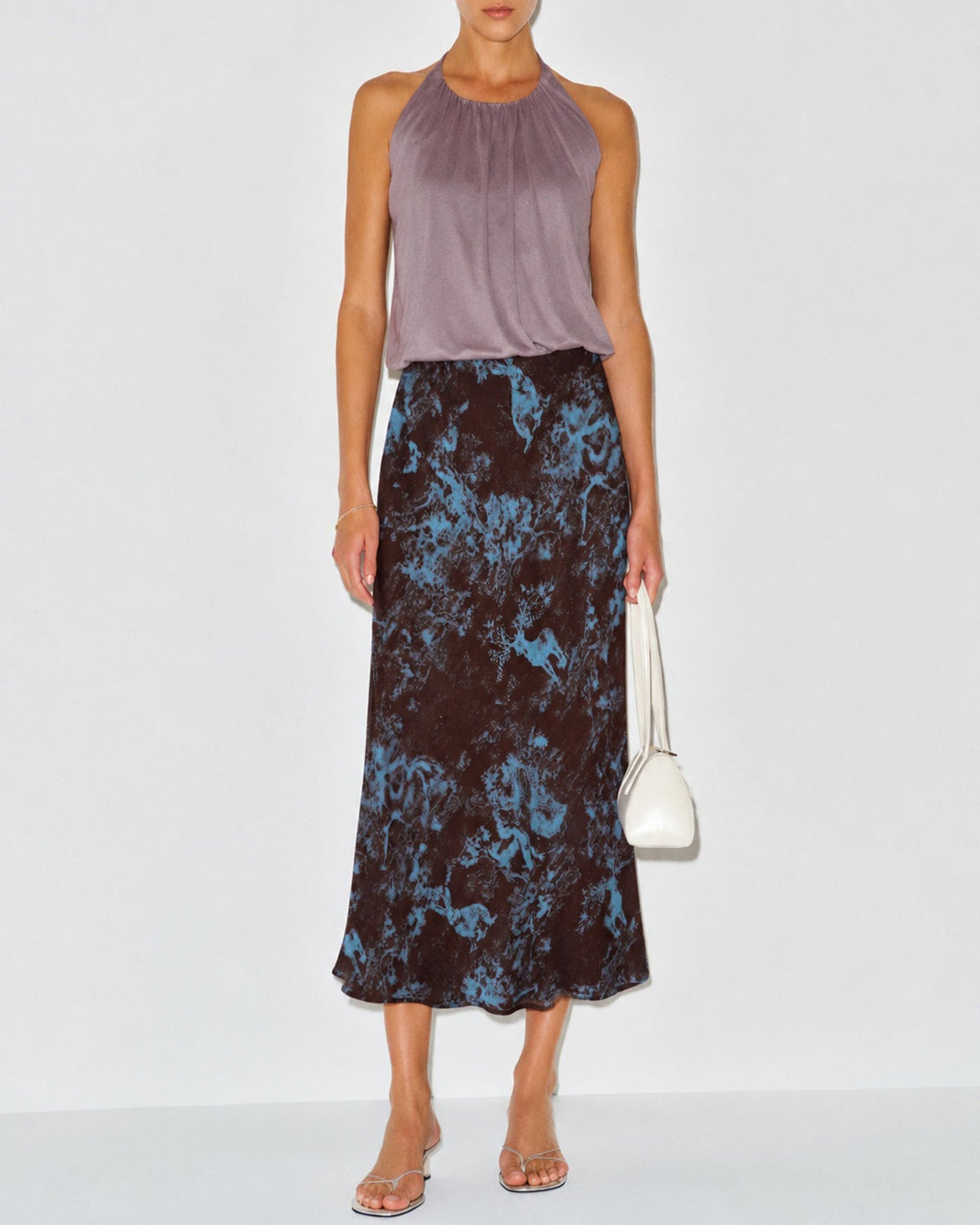 Coffee Elastic Waist Floral Midi Skirt