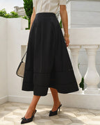 Black Solid Pockets A-Line Midi Skirt