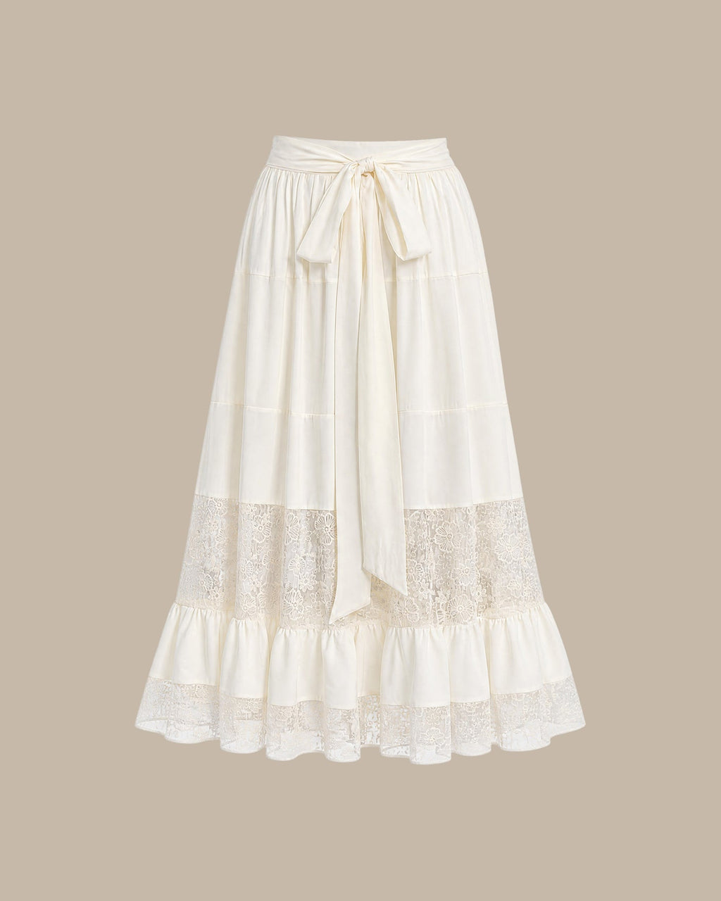 Apricot Lace Elastic Waist Midi Skirt