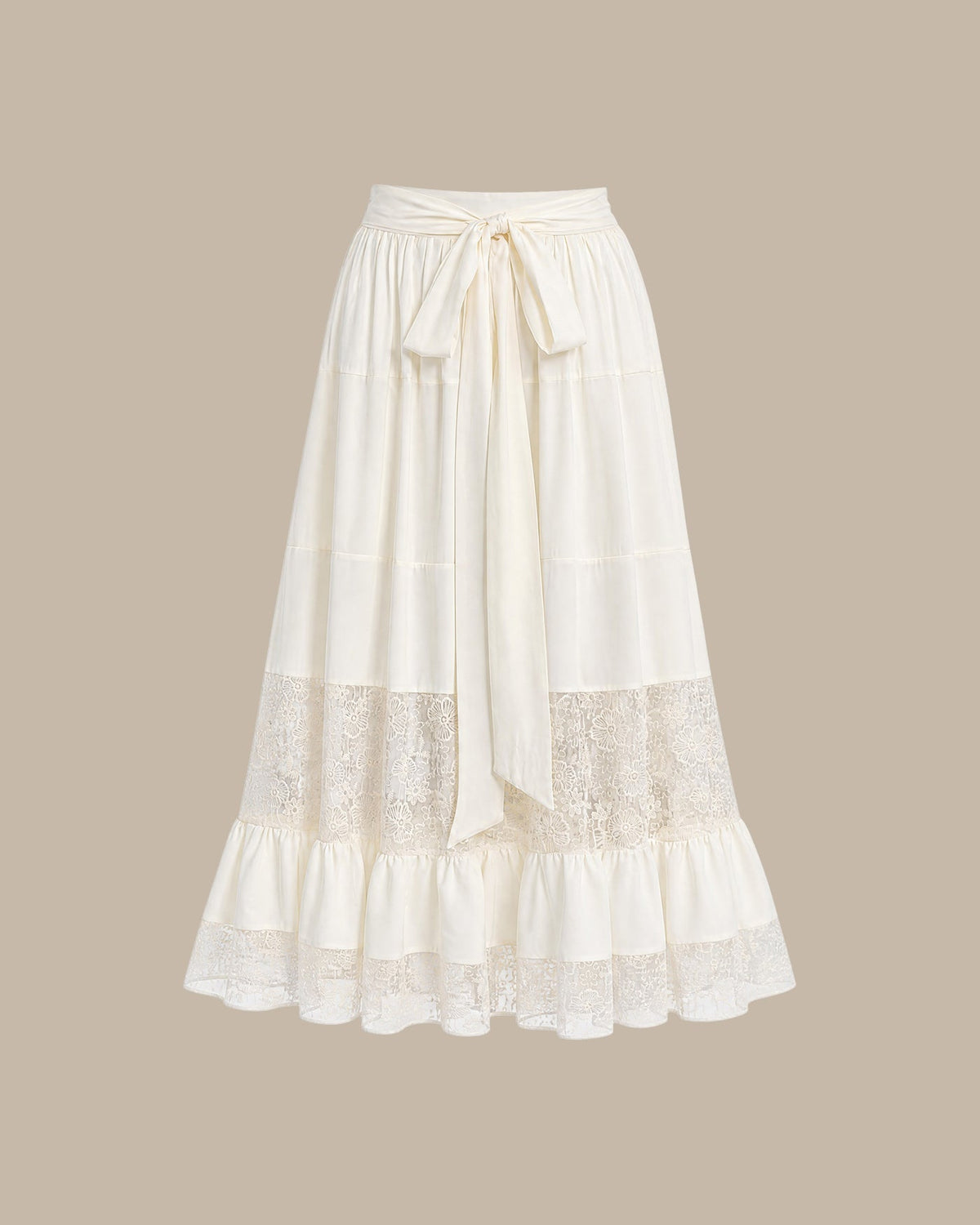 Apricot Lace Elastic Waist Midi Skirt