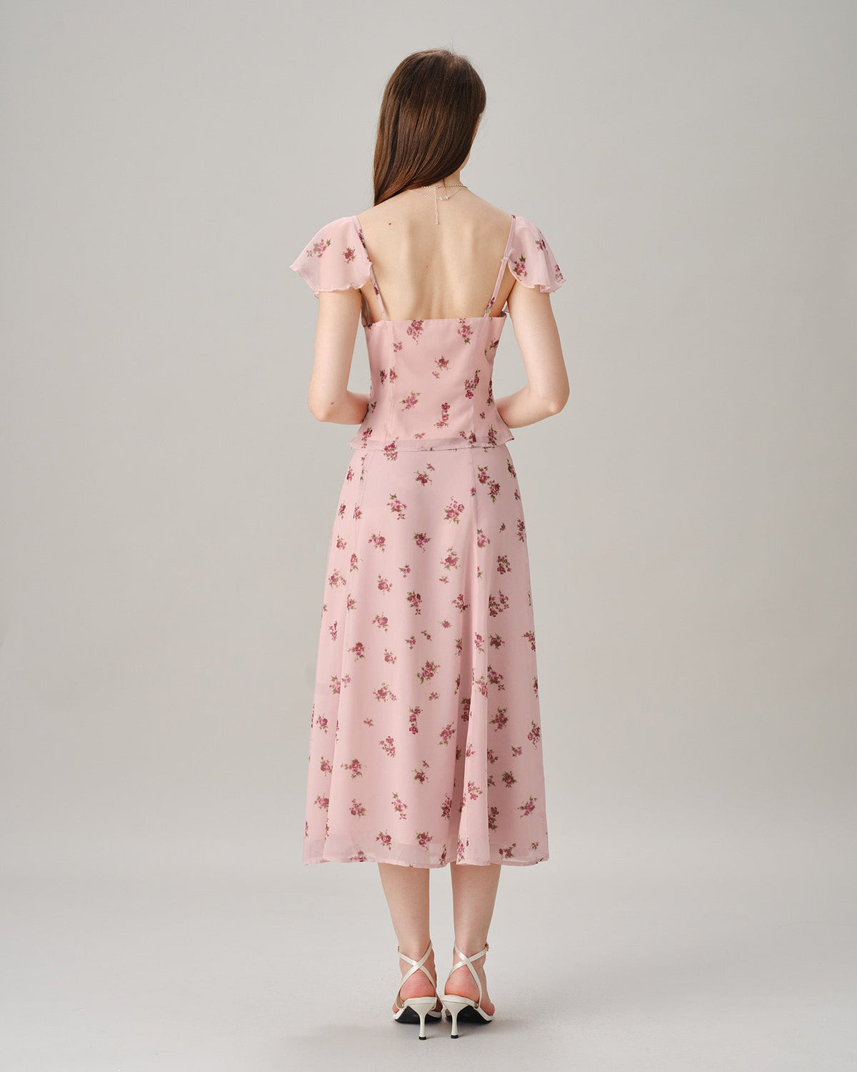 Pink Floral Chiffon A-Line Midi Skirt