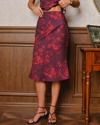 Wine Red Floral Mermaid Midi Skirt