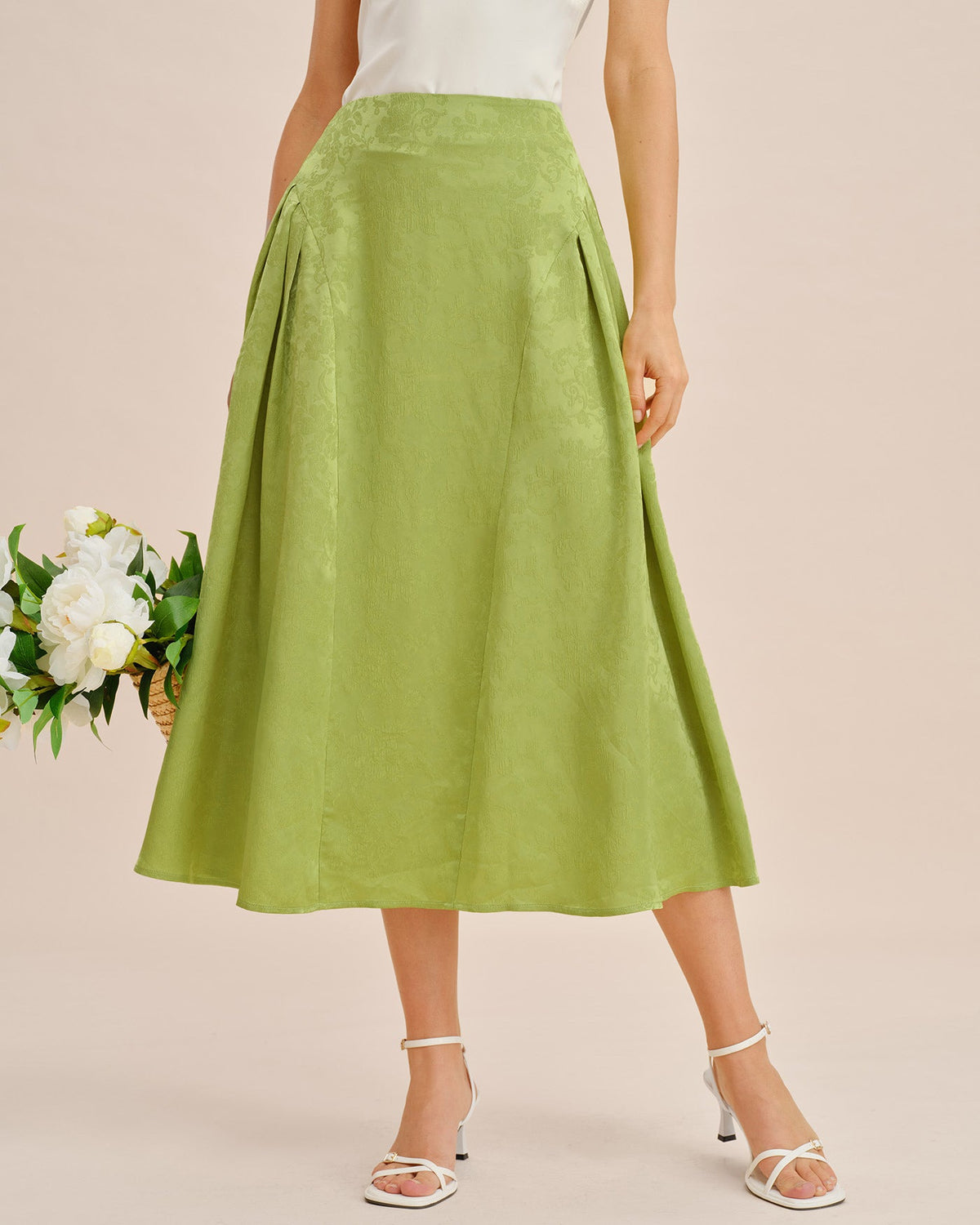 Green Jacquard Ruched Satin Midi Skirt