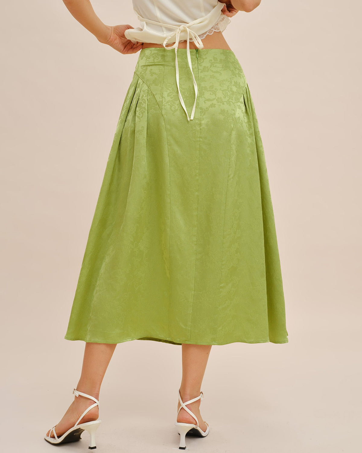 Green Jacquard Ruched Satin Midi Skirt