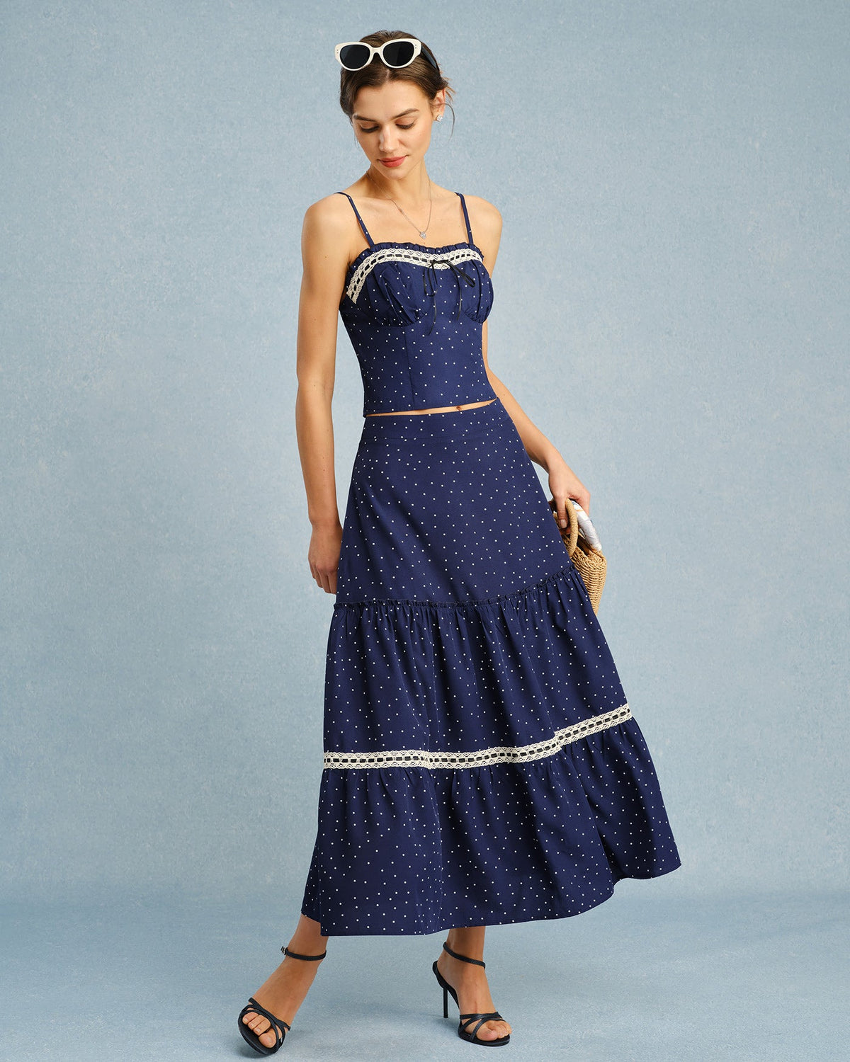 Navy Polka Dot Lace Midi Skirt
