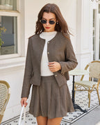 Brown A-Line Pockets Pleated Mini Skirt