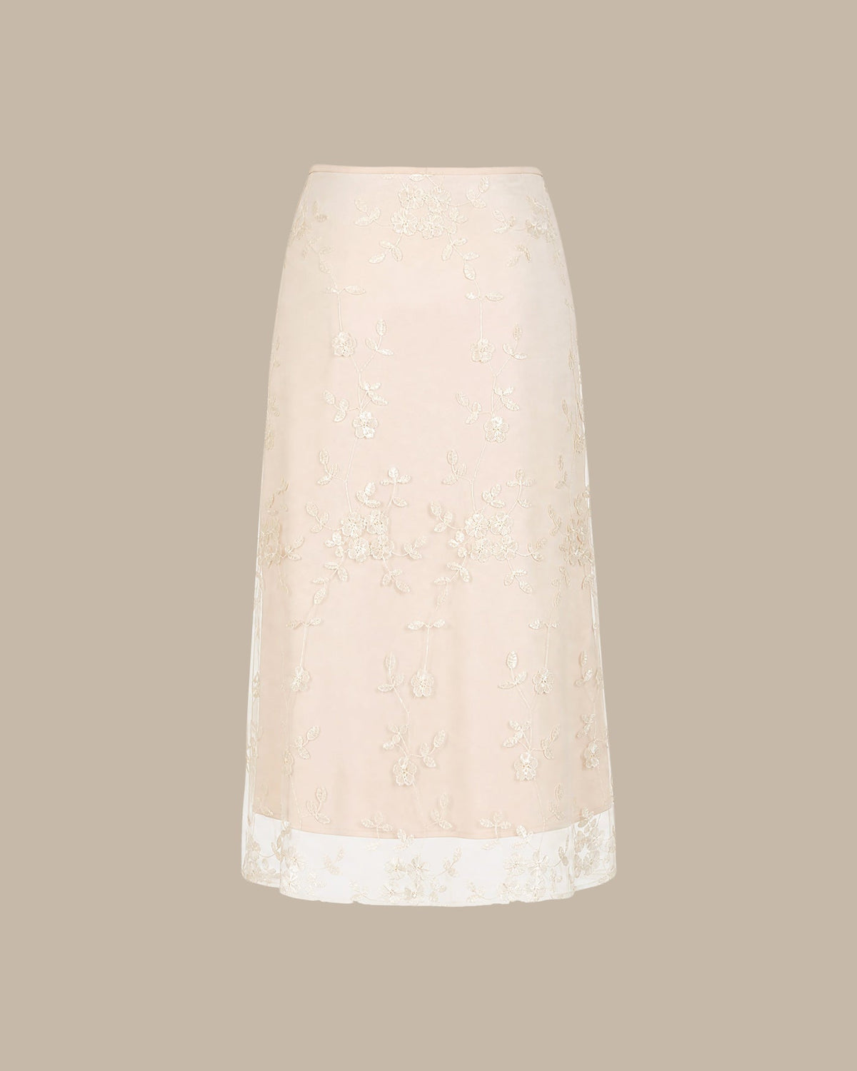 Apricot Floral Embroidery Mesh Midi Skirt