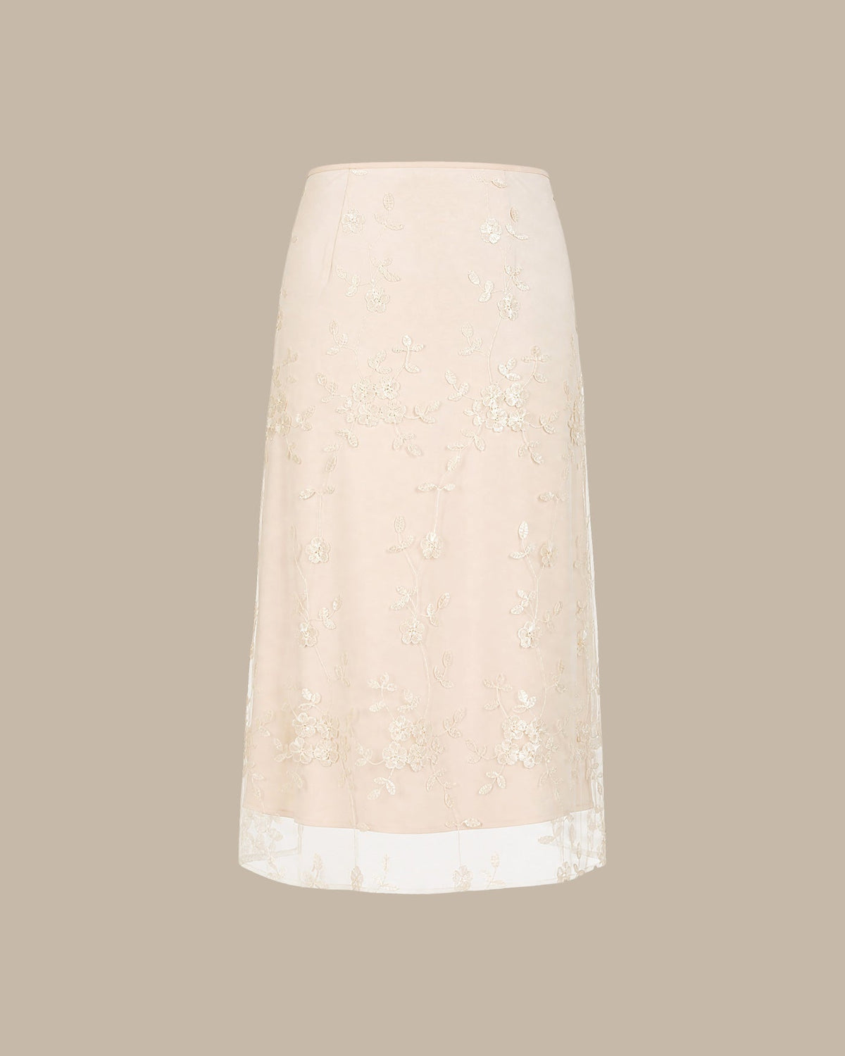 Apricot Floral Embroidery Mesh Midi Skirt