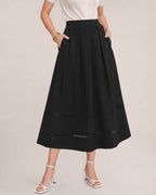 Black Solid Pockets A-Line Midi Skirt