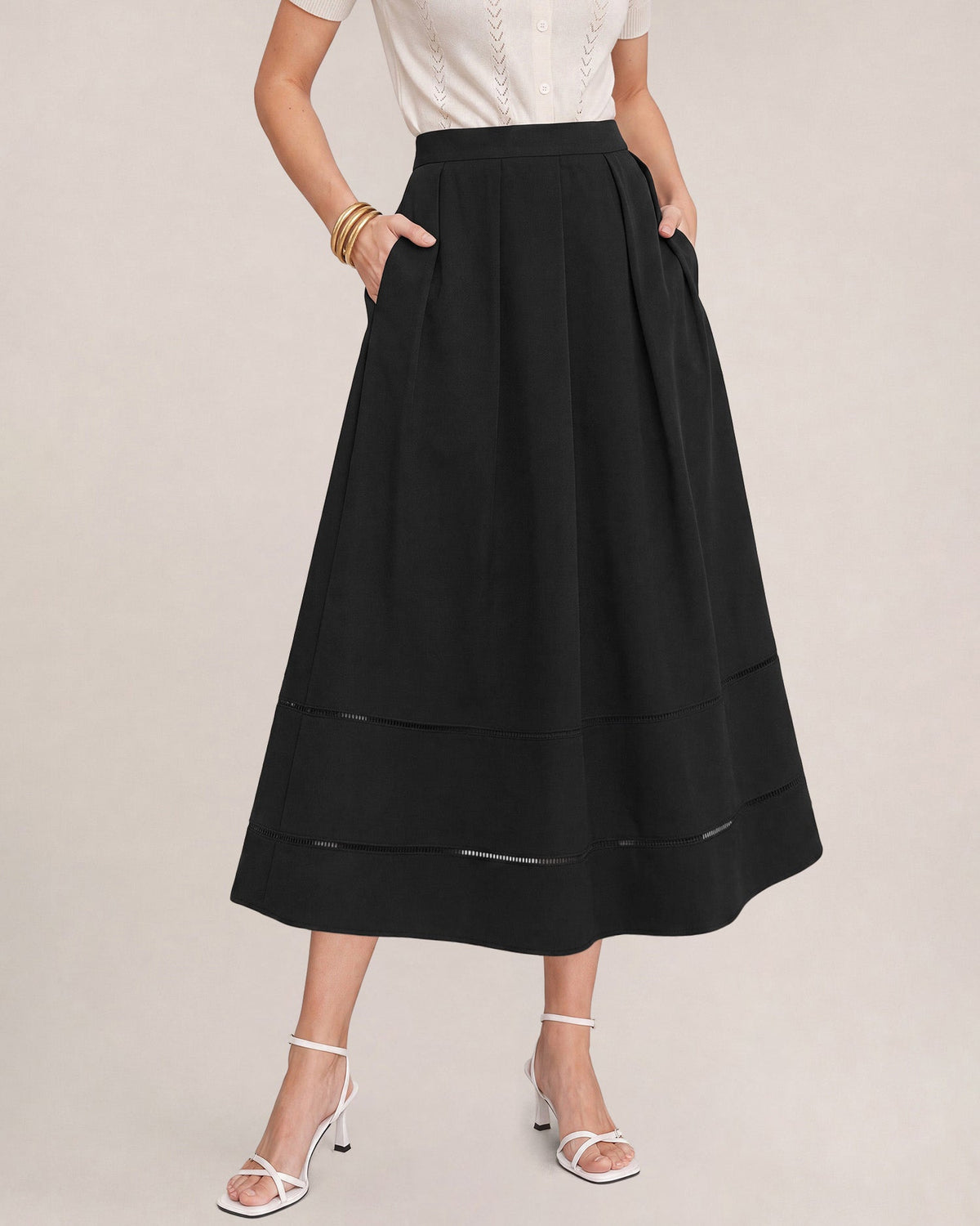 Black Solid Pockets A-Line Midi Skirt