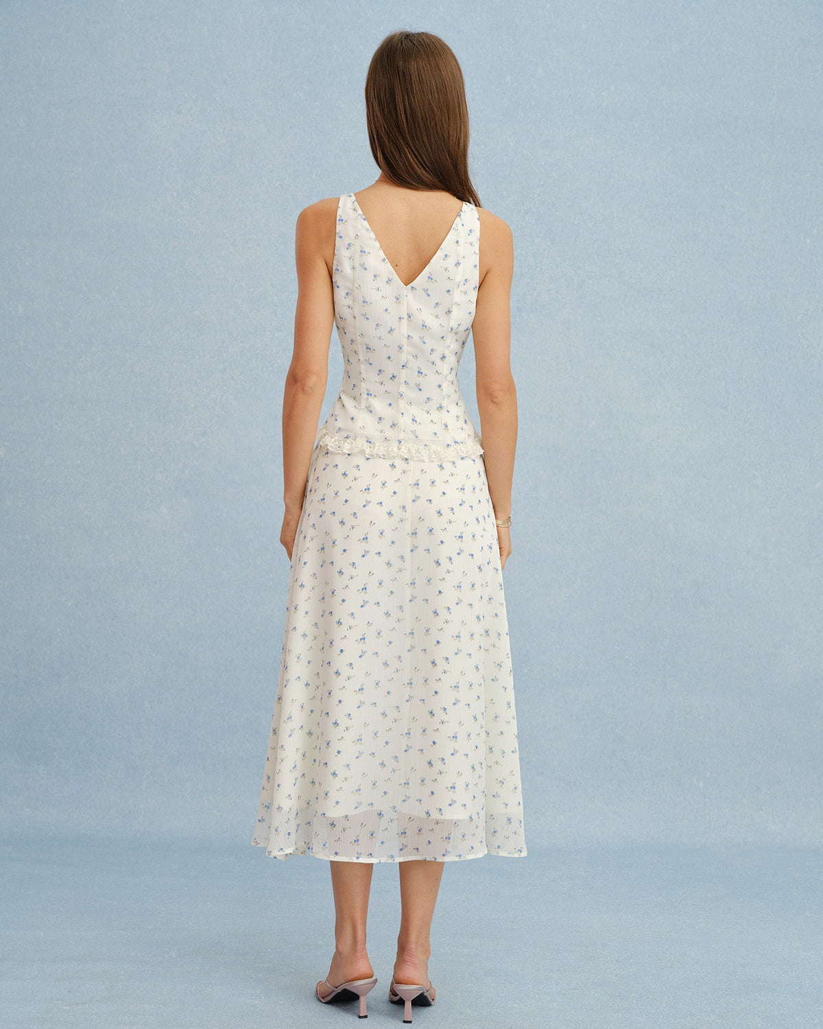 Beige Floral Chiffon Midi Skirt