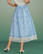 Blue Floral Lace A-Line Skirt