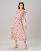Pink Floral Chiffon A-Line Midi Skirt