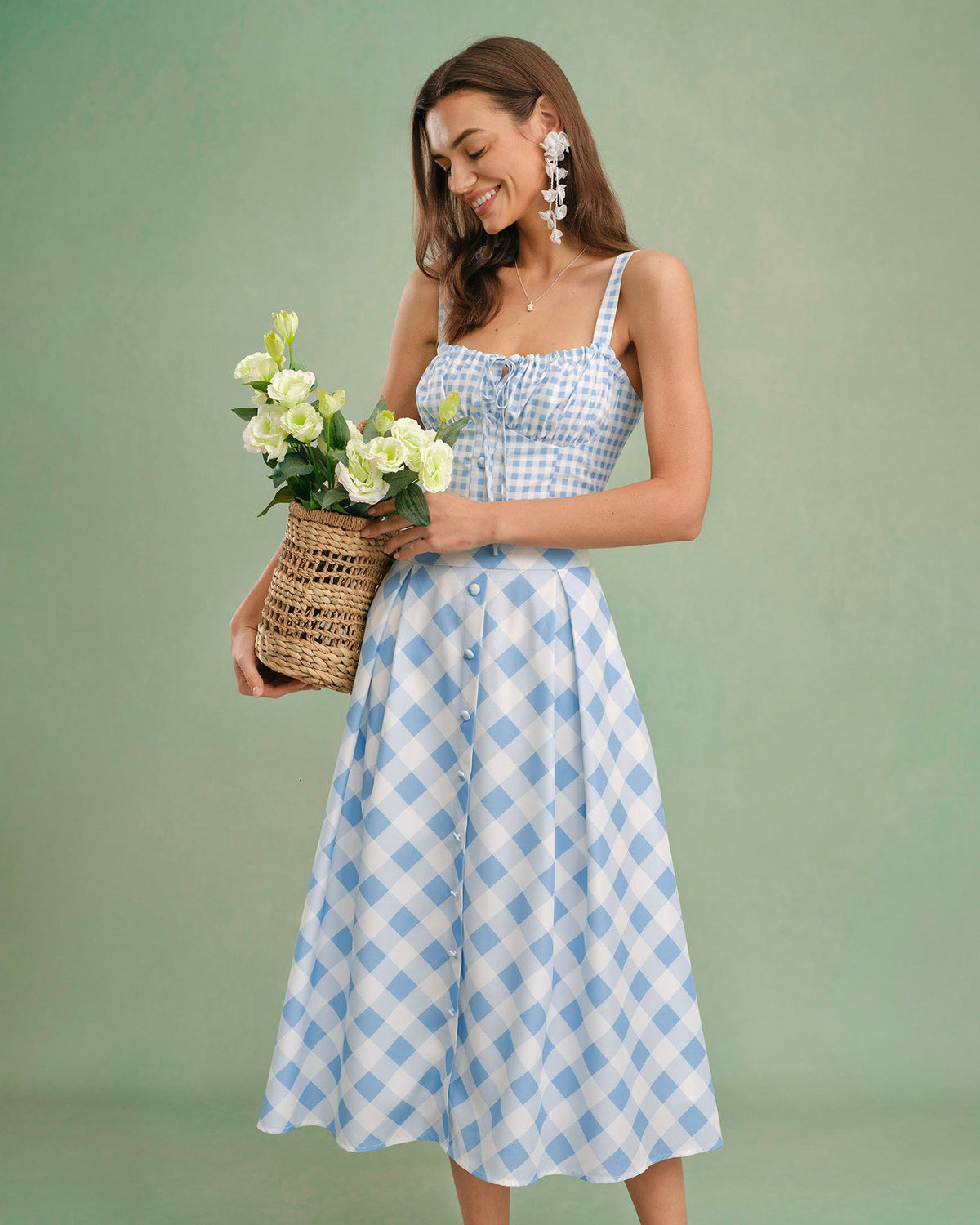 Blue Plaid Button Midi Skirt