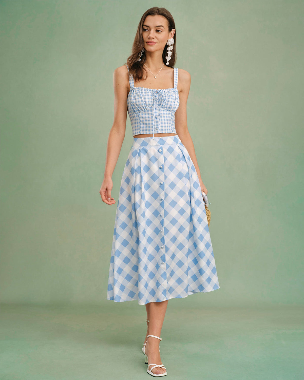 Blue Plaid Button Midi Skirt